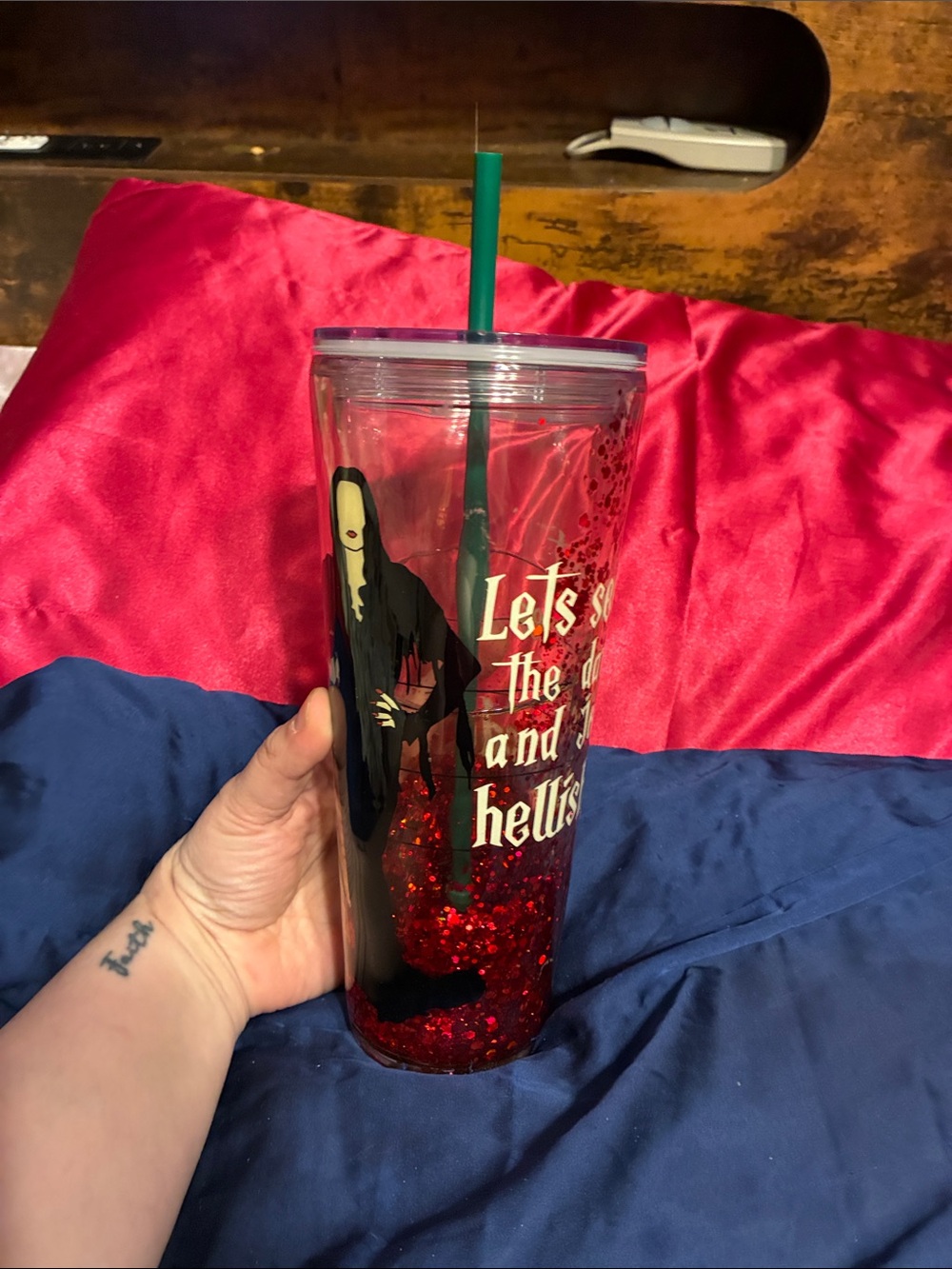 Source Unknown Clear Travel Tumbler with Red Glitter and Green Straw